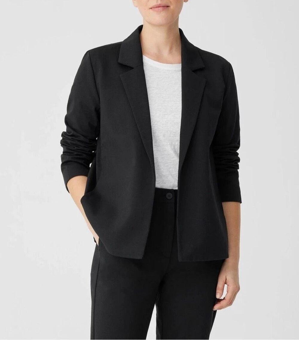 Eileen Fisher $278 Cotton Blend Ponte Notch Collar Blazer Black Petite medium NE